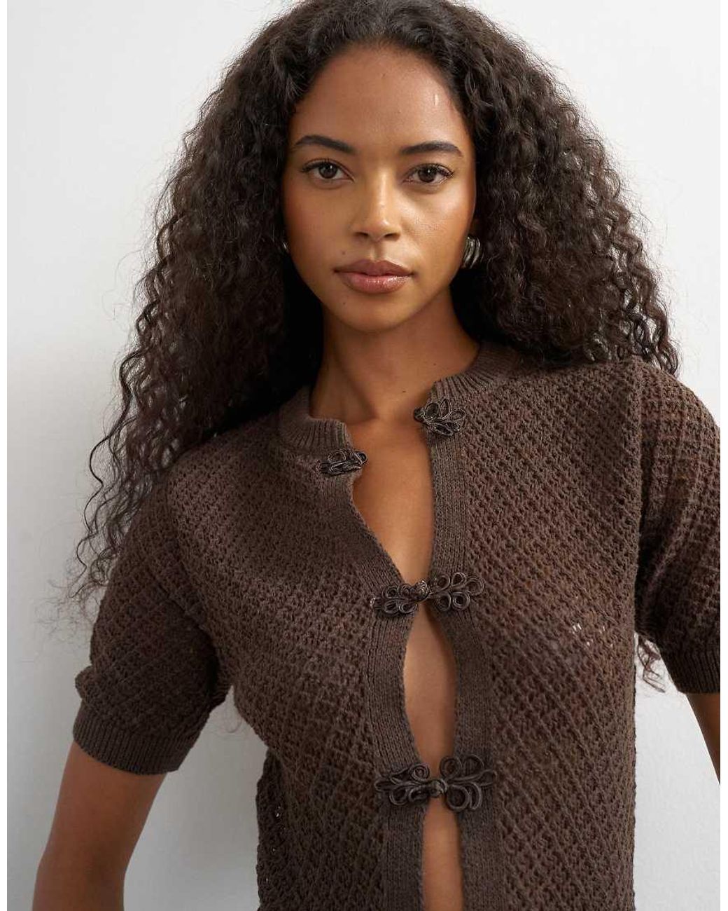 TOPSHOP Brown Knitted Short Sleeve Mandarin Collar Cardigan