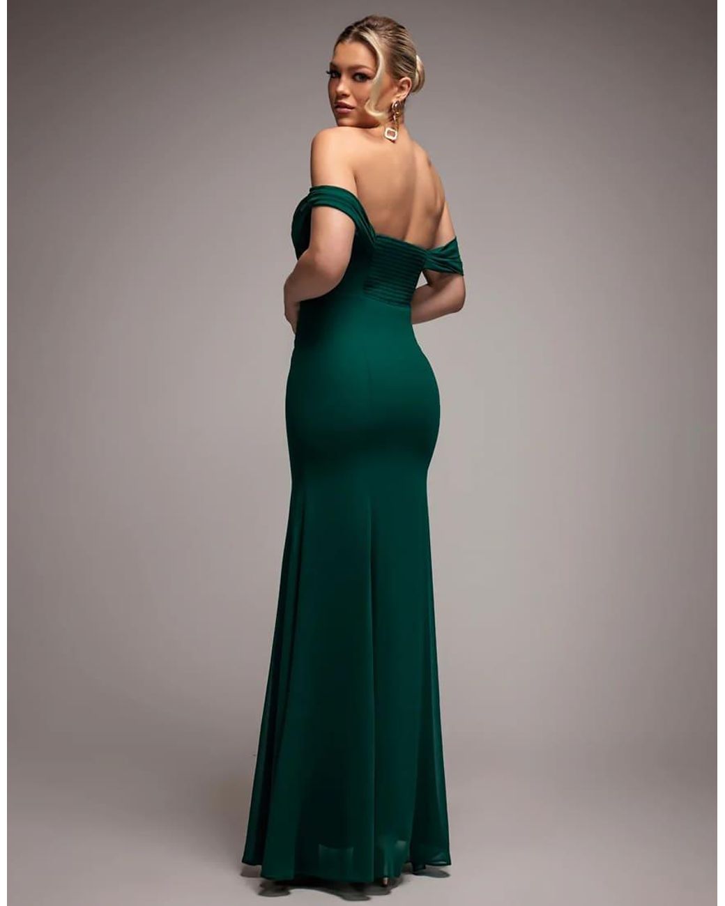 Goddiva Green Chiffon Bardot Cowl Neck Maxi Dress