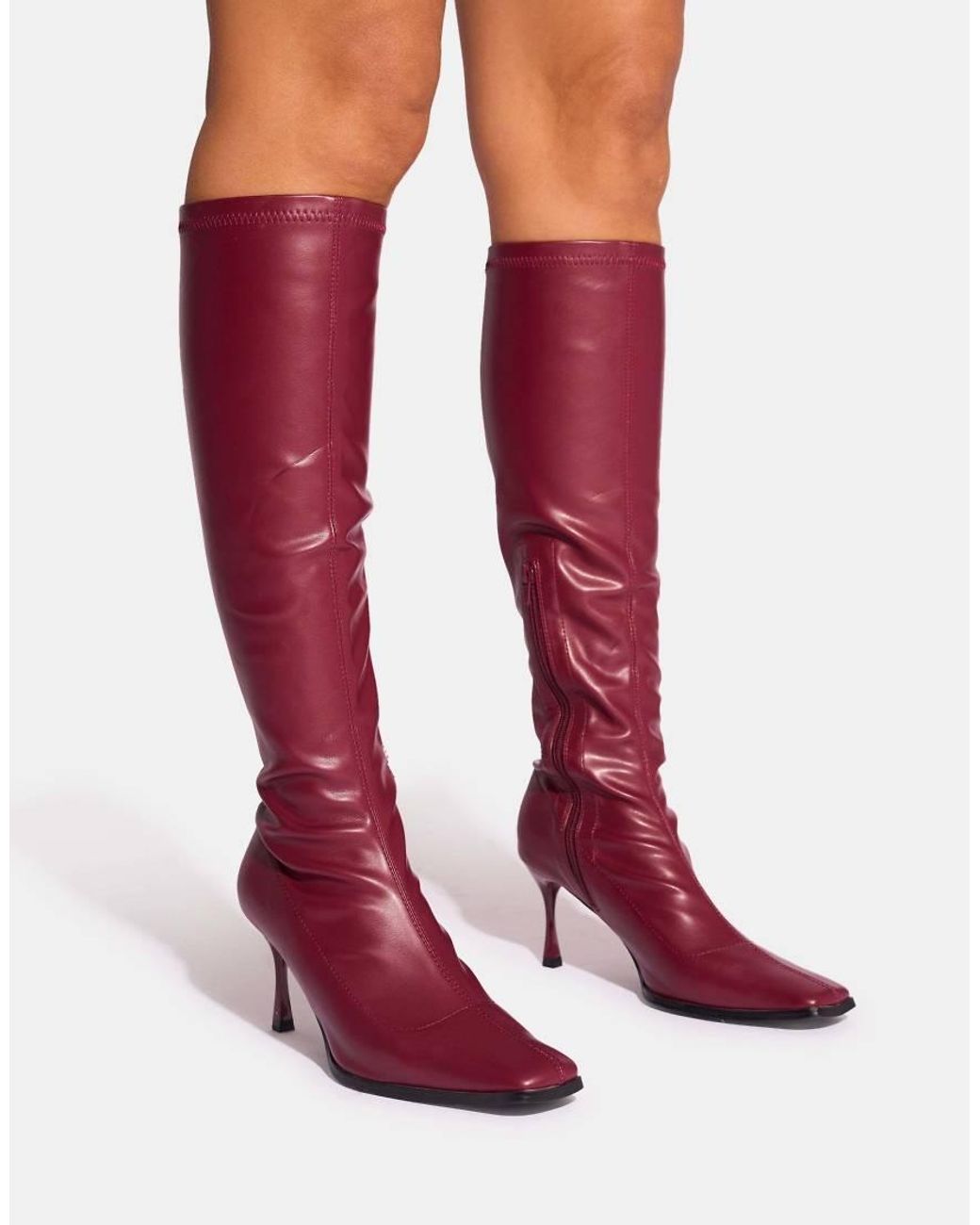 Public Desire Red Scorpion Burgundy Mid Heel Sock Knee High Boots