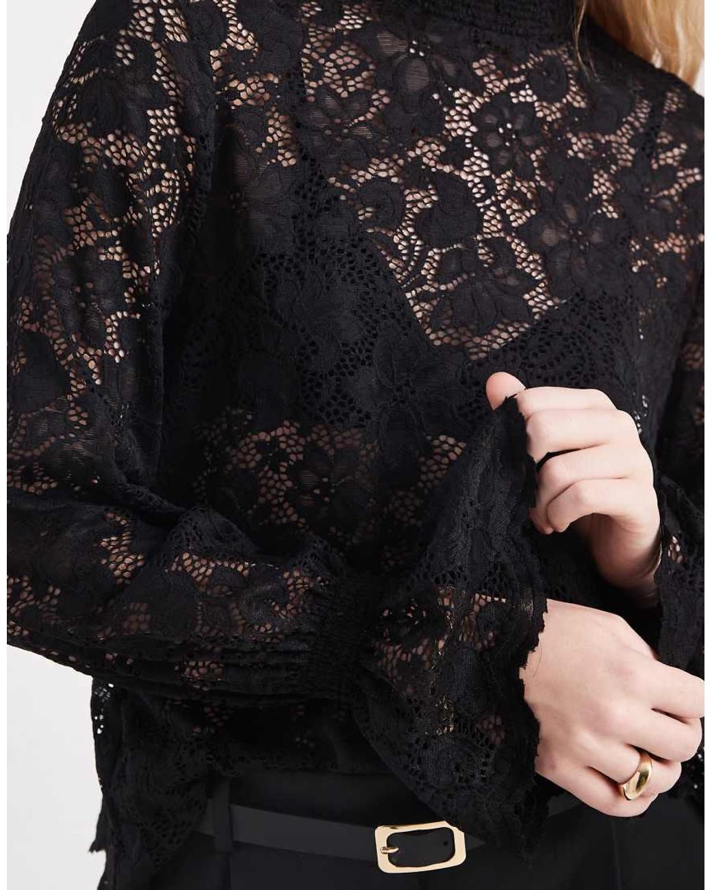 Pieces Black Frill Cuff High Neck Lace Top
