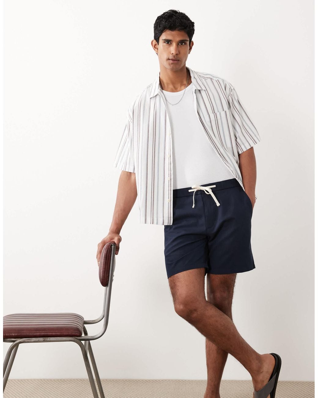 Mango White Cotton Mix Draw String Shorts for men