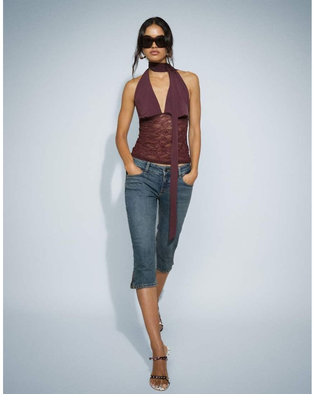 Gina Tricot Brown Lace Plunge Top With Scarf