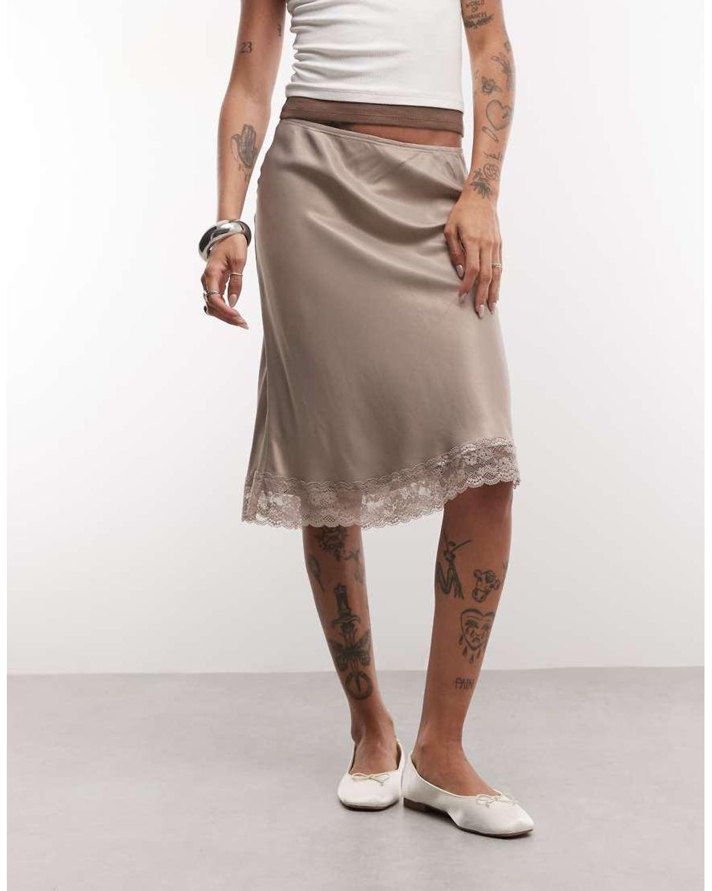 Reclaimed Vintage Natural Satin Awkward Length Skirt With Lace Trim