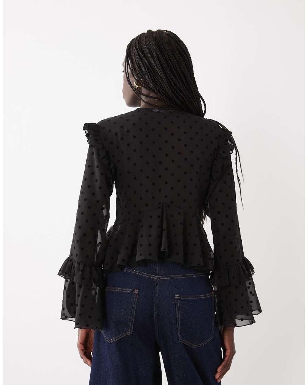 Miss Selfridge Black Tiered Ruffle Blouse With Velvet Polka Dot