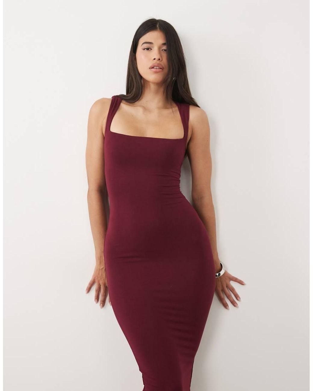 Oh Polly Red Modal Square Neck Bodycon Midi Dress