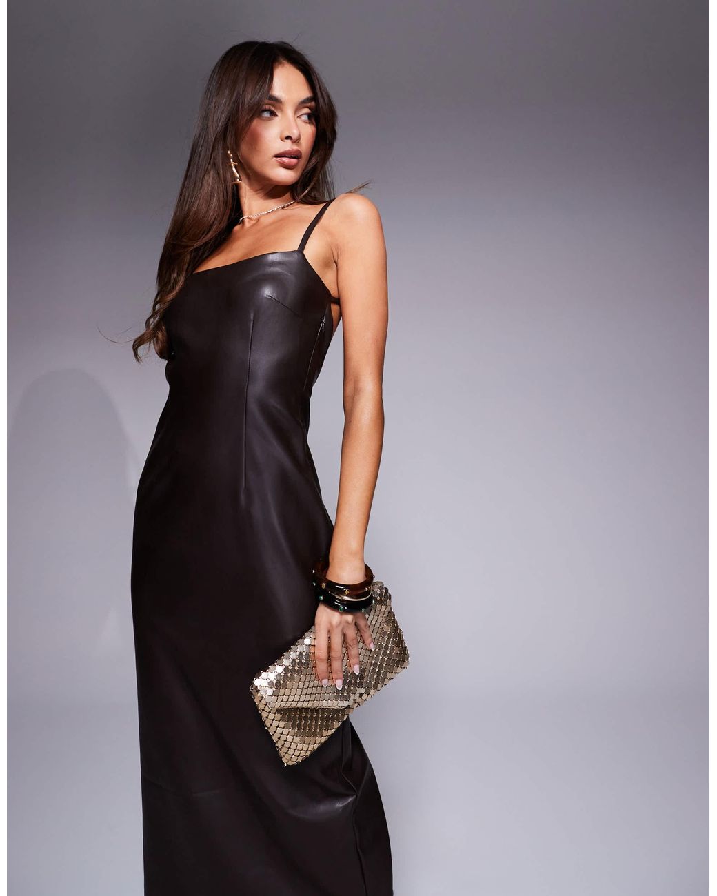 River Island Strappy Faux Leather Midi Dress in Brown | Lyst River Island Strappy Faux Leather Midi Dress in Brown | Lyst