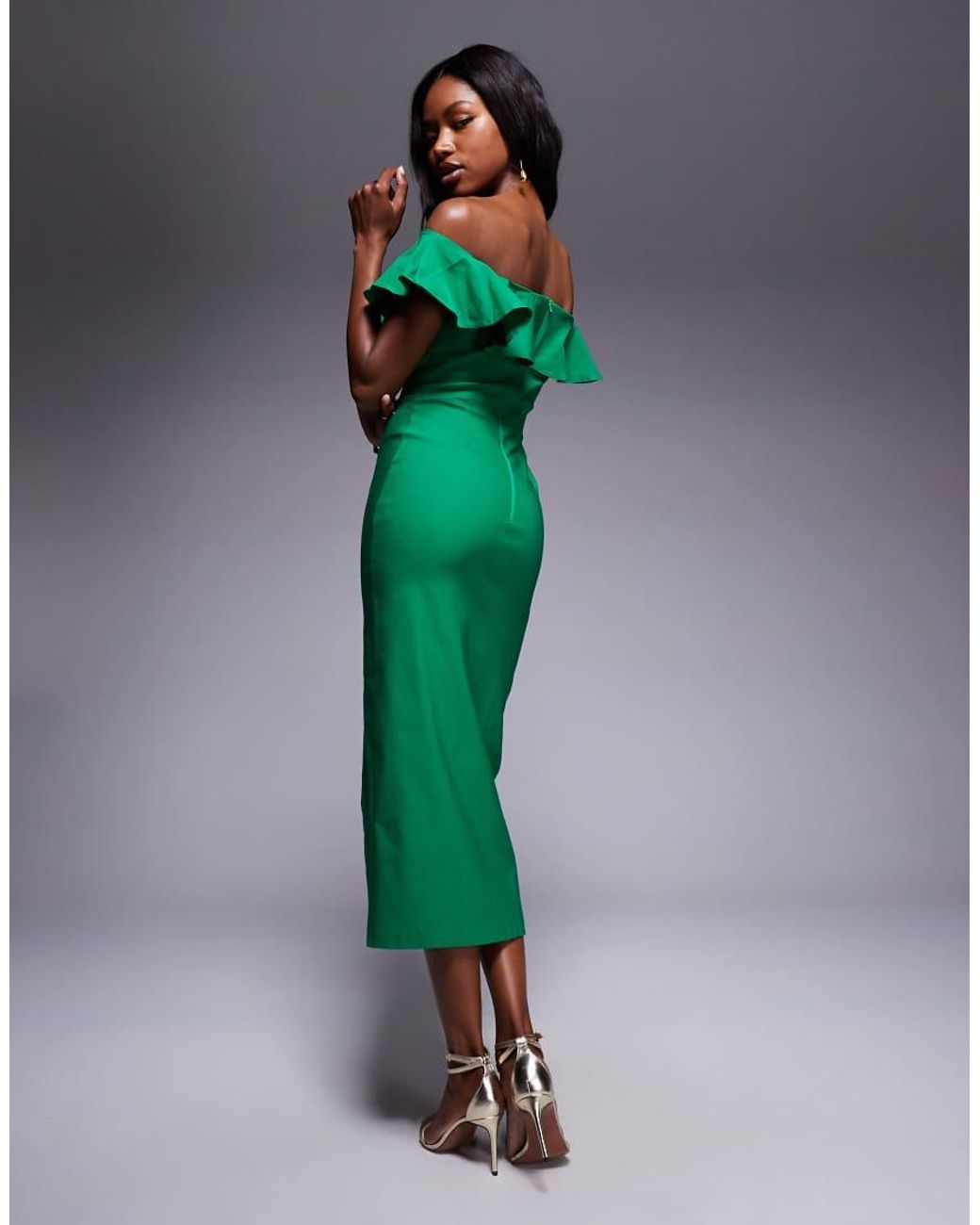 Vesper Green Bengaline Frill Bardot Side Split Midi Dress