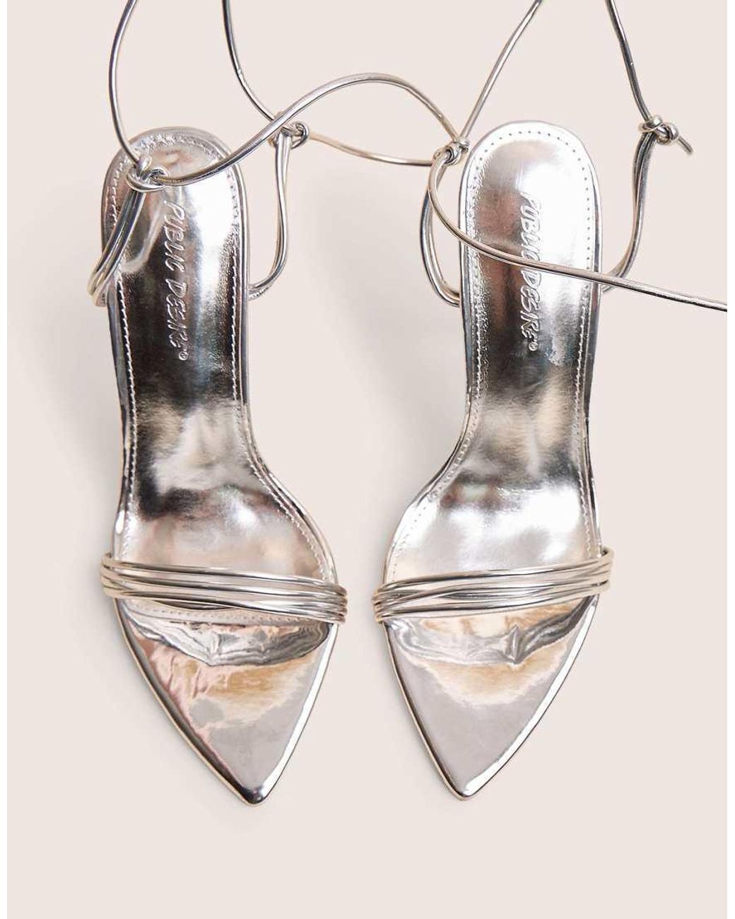 Public Desire Natural Merlot Mirror Silver Pu Lace Up Wrap Around Pointed Toe Stiletto Heels