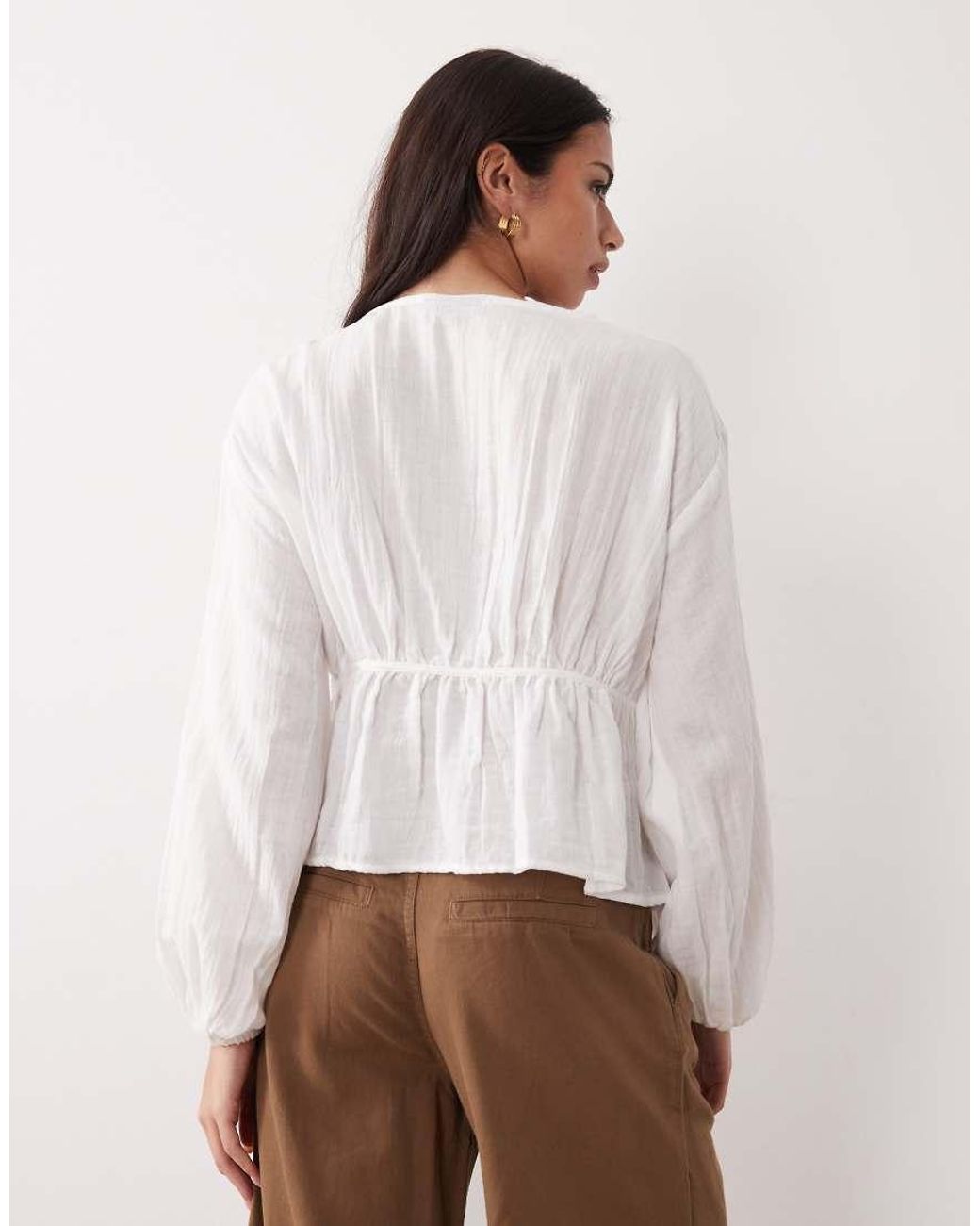 ASOS White Long Sleeve Smock Top With Button Front