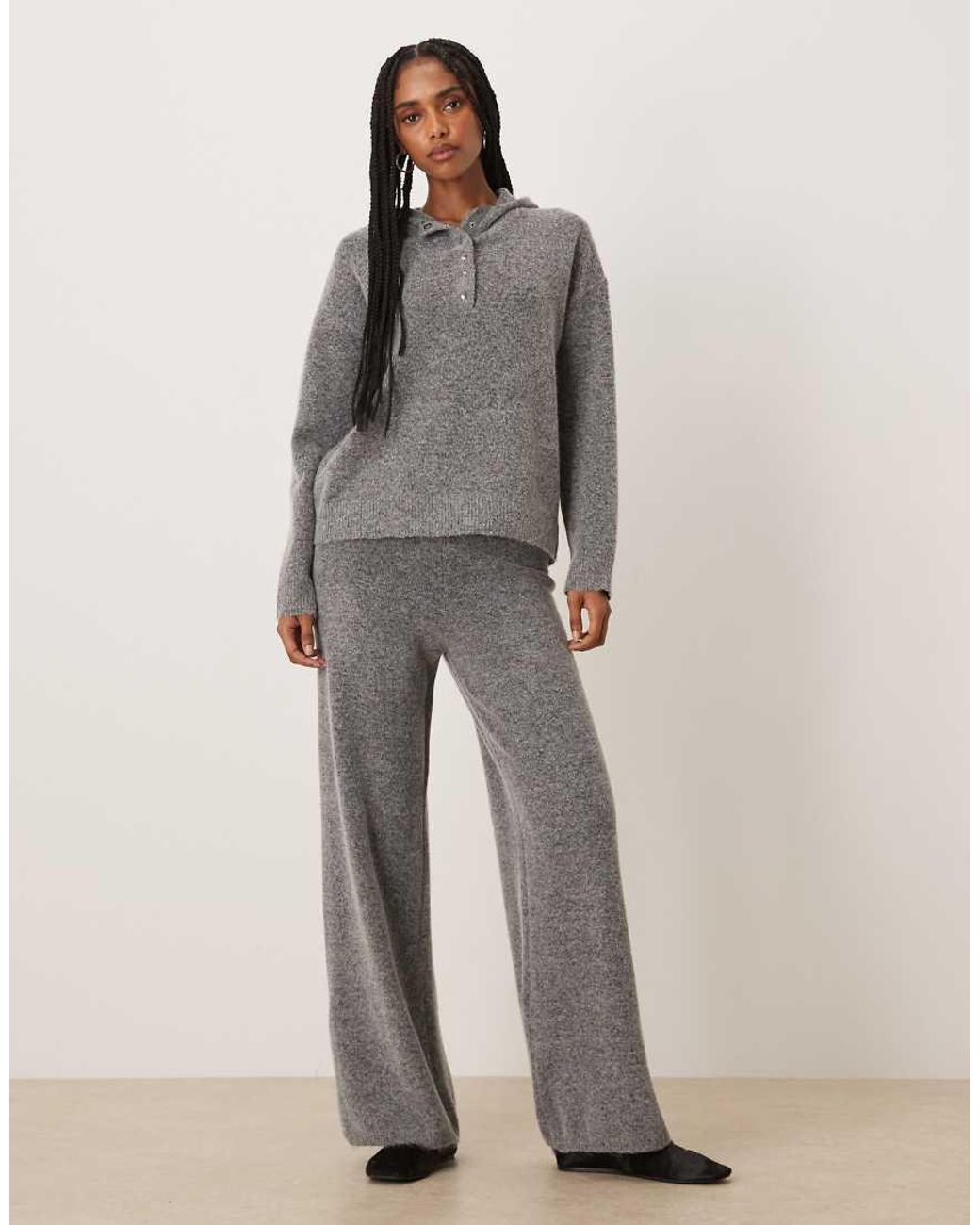 Vila Gray Button Front Knitted Hoodie Co-ord