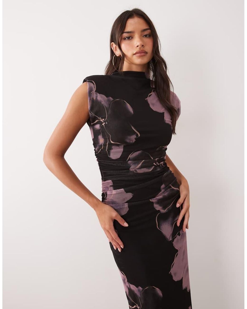ASOS Natural Printed Mesh High Neck Detail Maxi Dress With Shoulder Pads