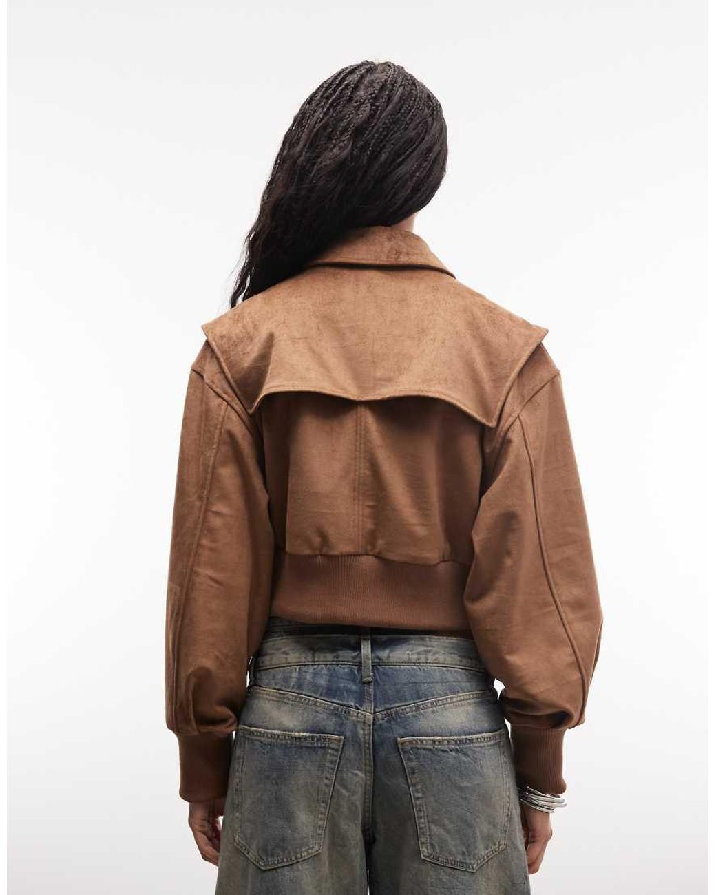 Liquor N Poker Brown Boxy Faux Suede Bomber Jacket