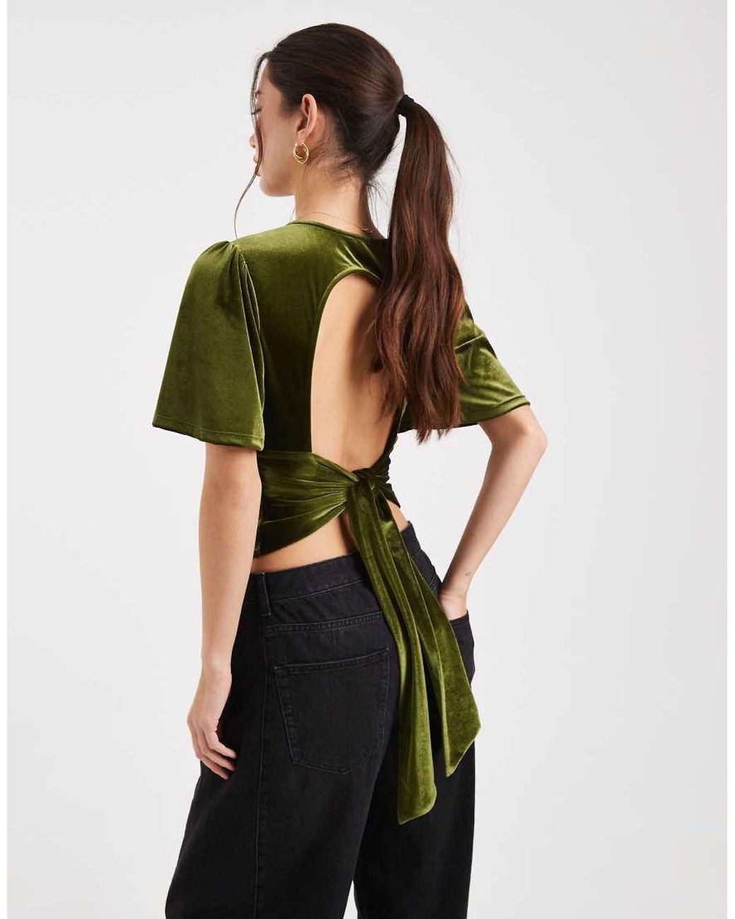 ASOS Green Velvet Puff Sleeve Top With Tie Back