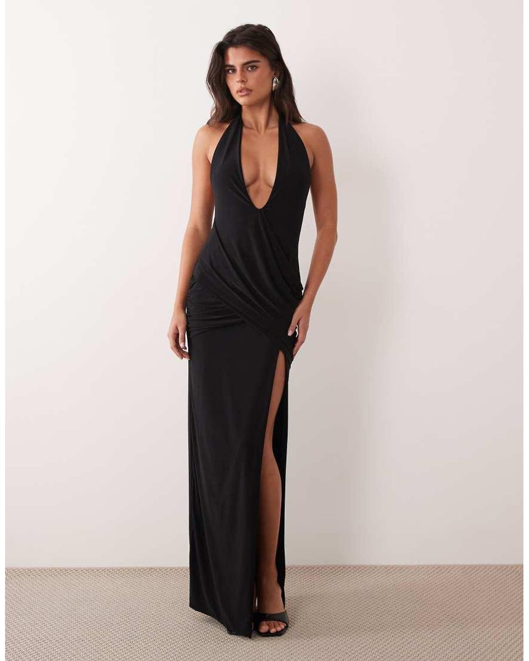 Missy Empire Black Slinky Halter Plunge Neck Maxi Dress With Side Split