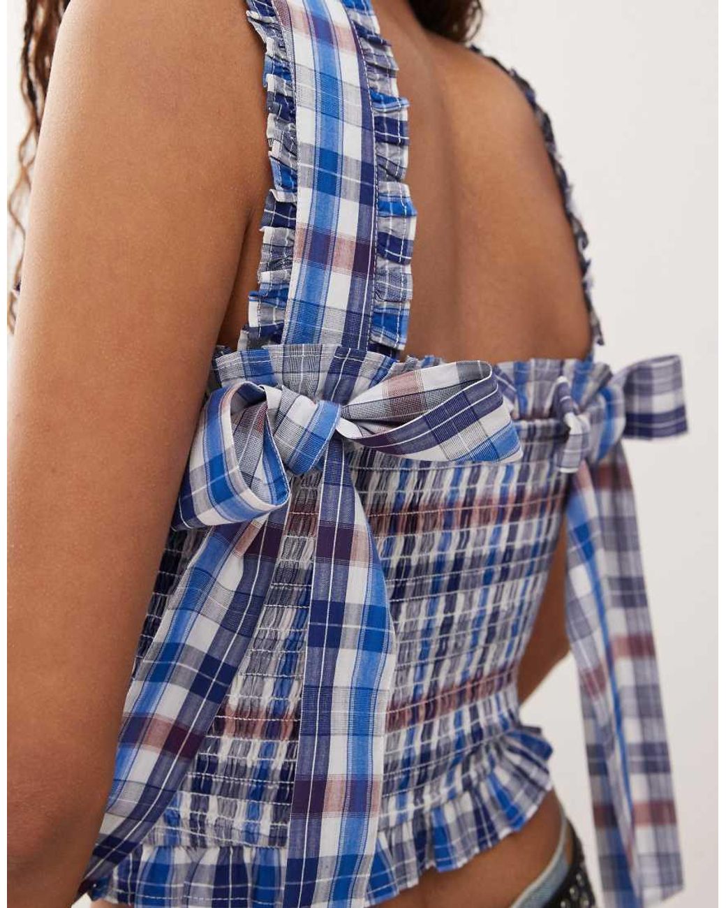 Collusion Blue Shirred Check Cami Top