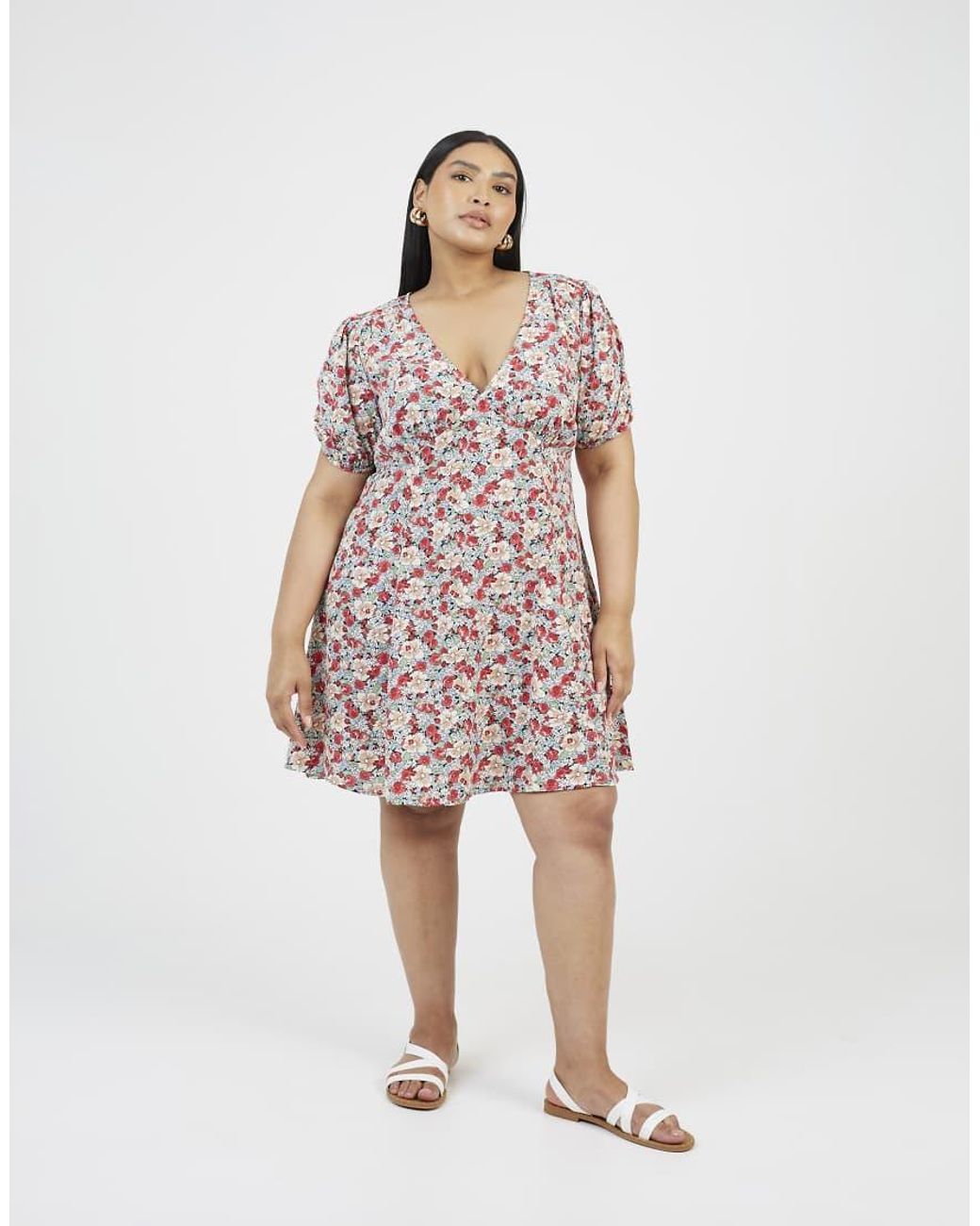 Brave Soul Pink Curve Floral Puff Sleeve V-Neck Mini Dress
