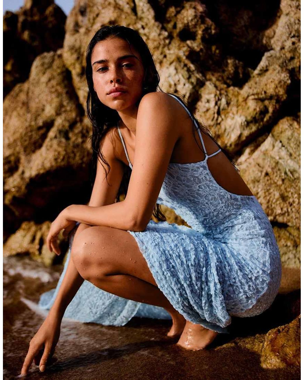 Bershka Blue Printed Midi Dress With Straps