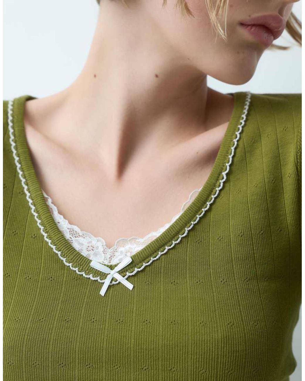 Miss Selfridge Green Rib V-neck 3/4 Sleeve Top With Lace And Picot Trim