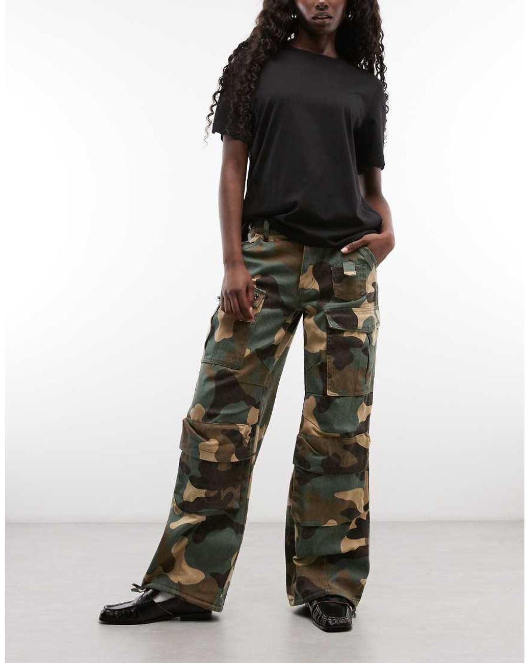 Liquor N Poker Black Low Rise baggy Cargo Jeans With Stud Pocket Detail