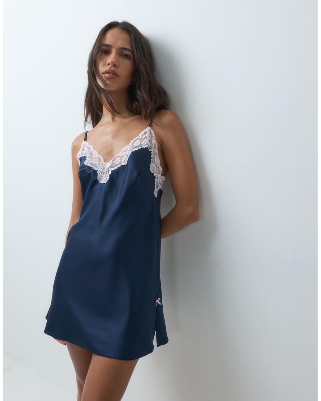 Boux Avenue Blue Amelia Matte Satin Chemise With Lace Detail