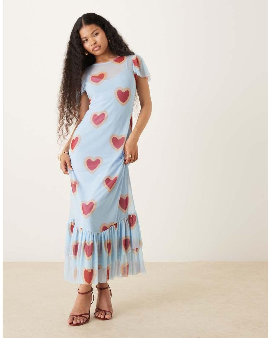 Never Fully Dressed Blue Mesh Flutter Sleeve Ruffle Hem Maxi Dress