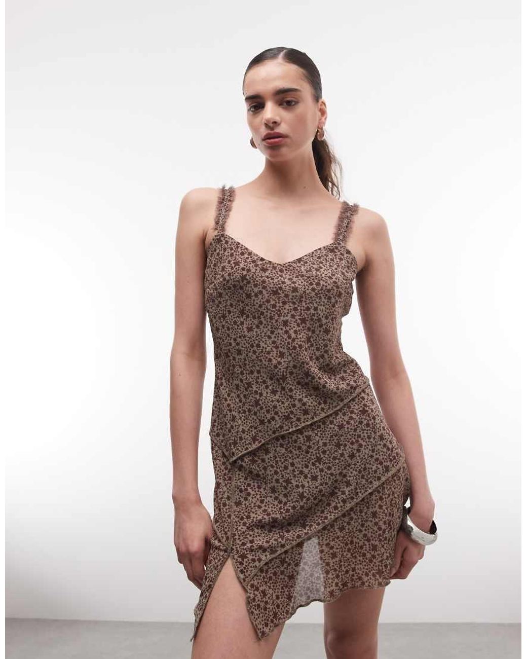 Monki Brown Asymmetric Ruffle Chiffon Mini Dress