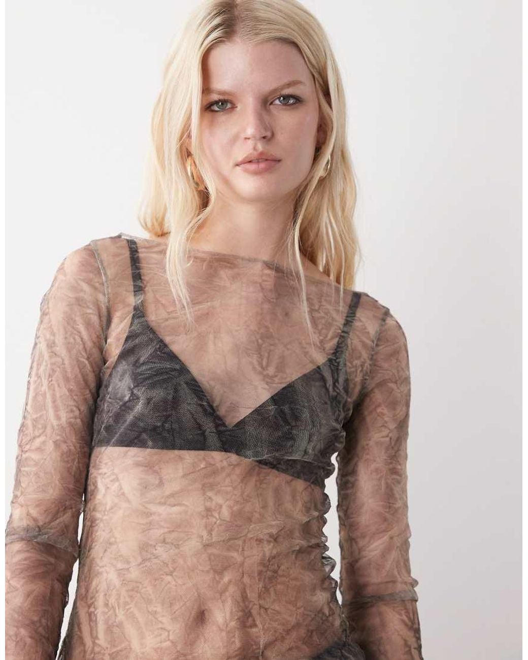 Weekday Gray Sheer Mesh Slash Neck Long Sleeve Top