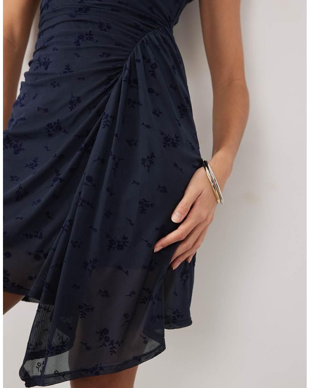 New Look Blue Flocked Mesh Ruche Detail Mini Dress