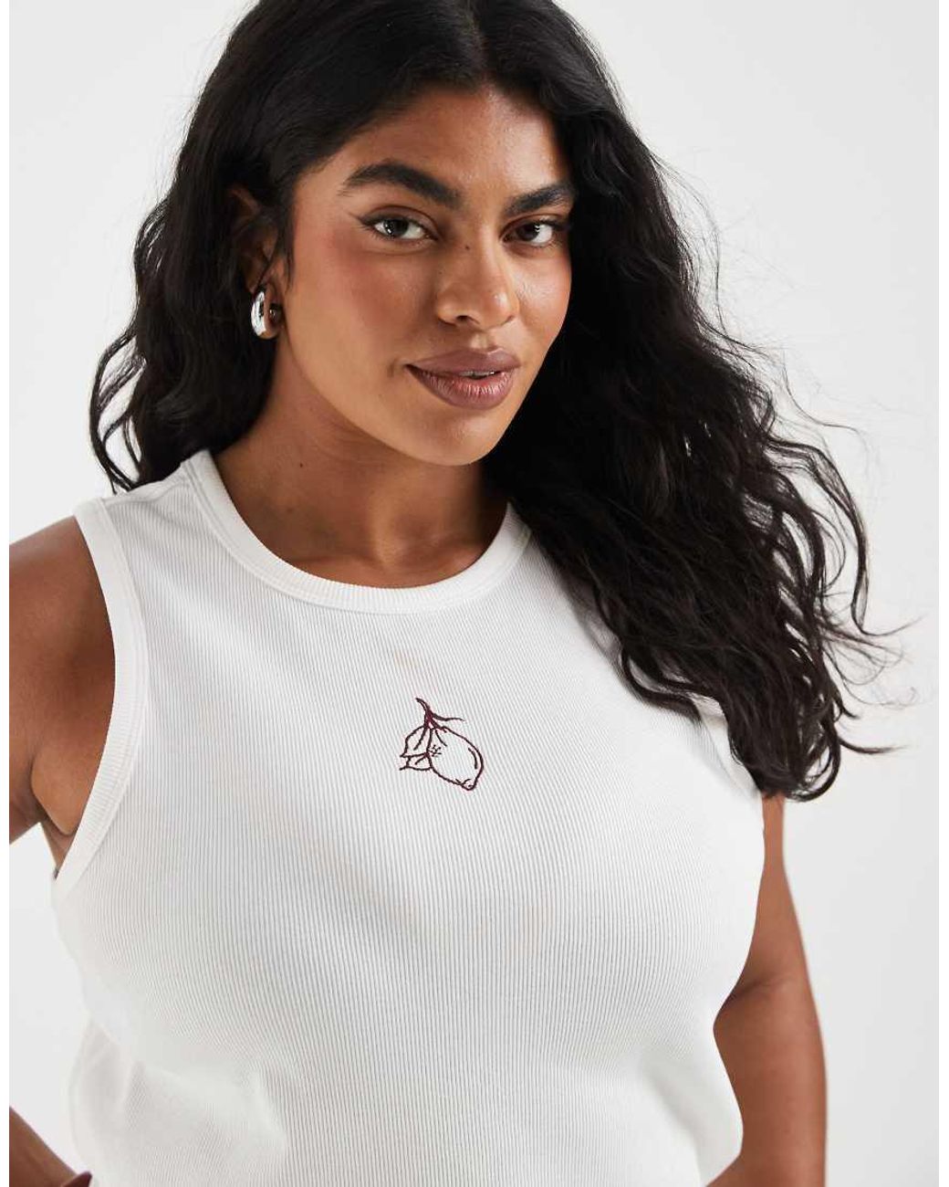 Pieces Plus White Pieces Curve Lemon Embroidered Cotton Vest Top