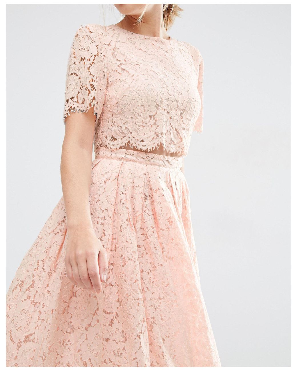 ASOS Asos Lace Crop Top Midi Prom Dress in Pink | Lyst
