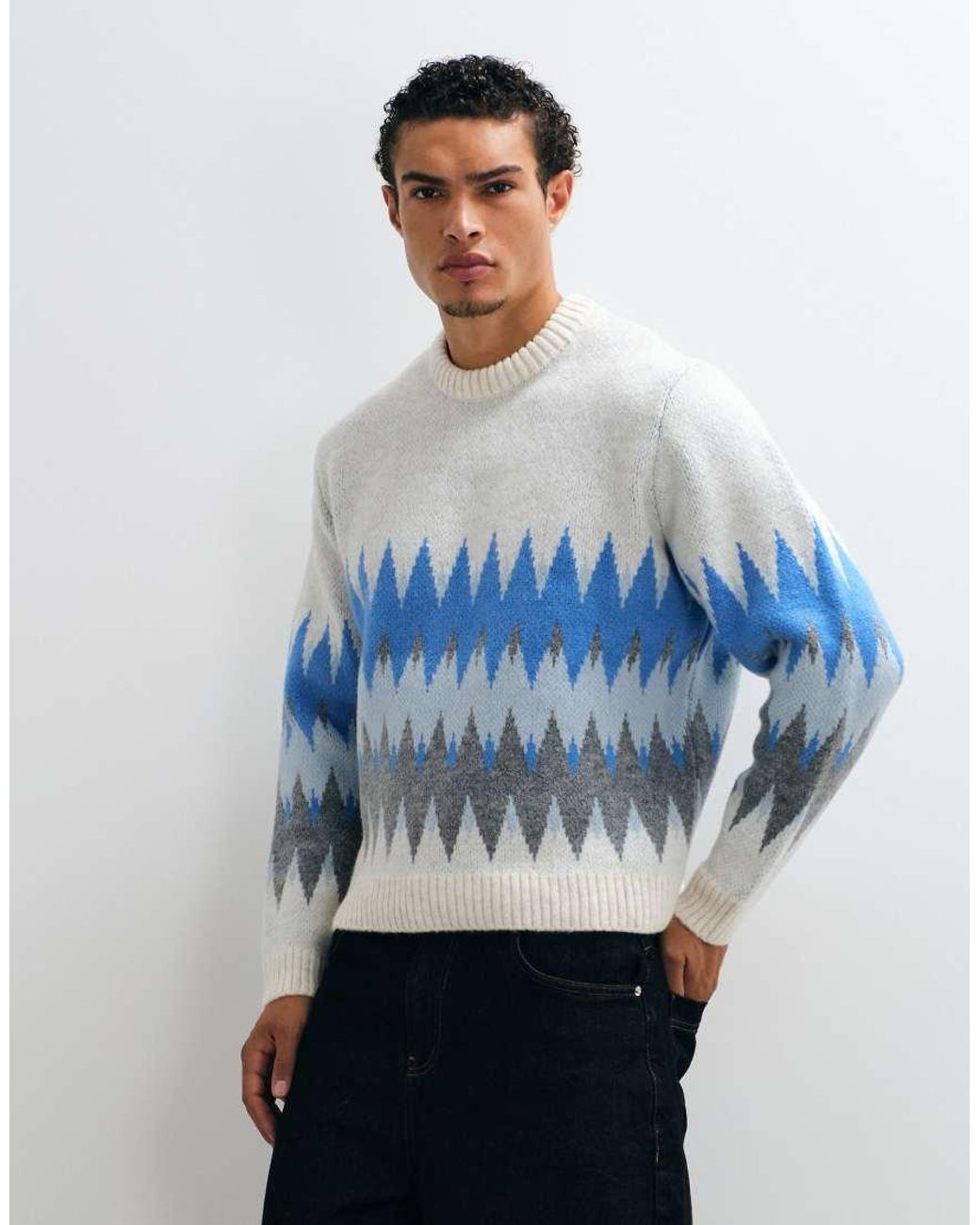 ASOS White Knitted Oversized Chevron Pattern Sweater for men