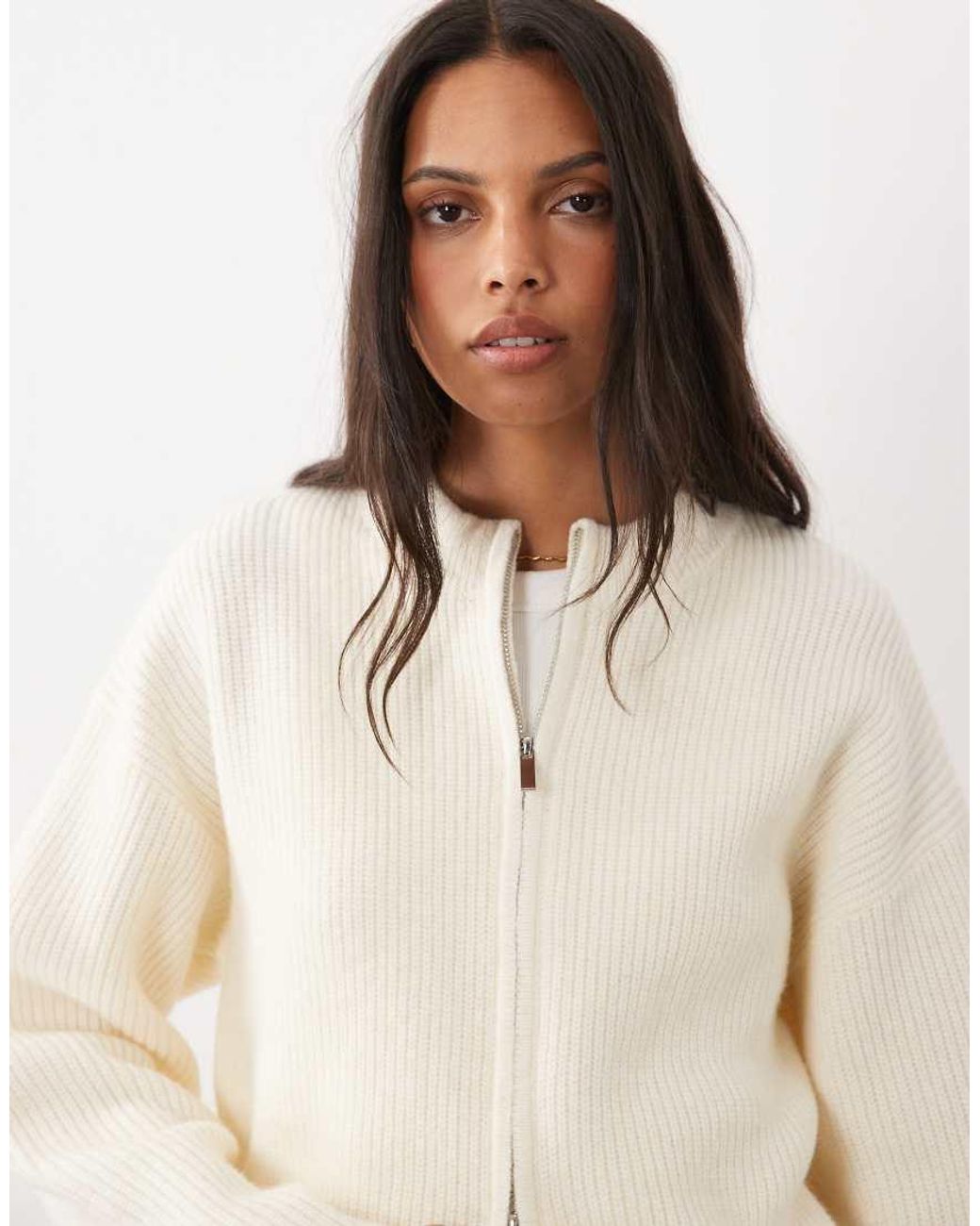 4th & Reckless White High Neck Double Zip Knitted Bomber Jacket