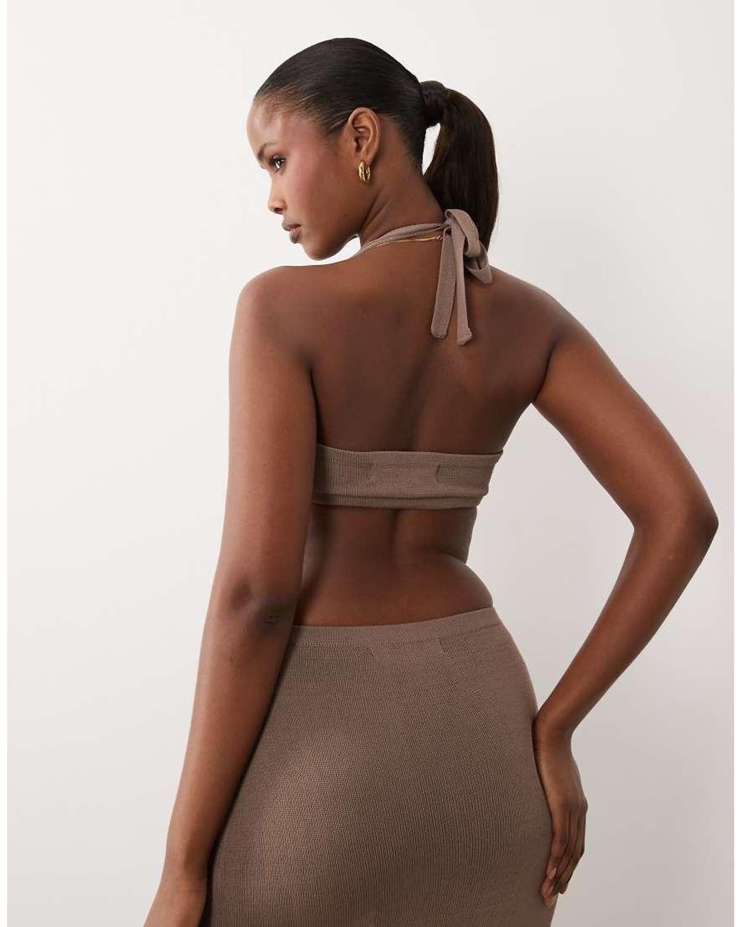 Wanderdoll Brown Daisy Knitted Corsage Detail Halterneck Bralette Co-Ord