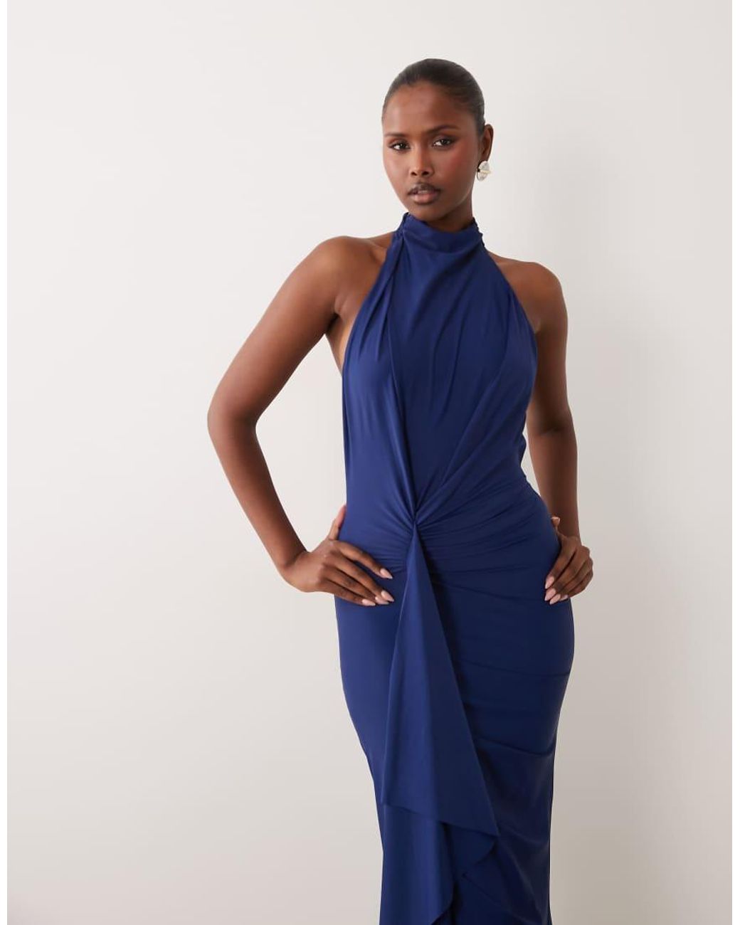 ASOS Blue Sculpting Jersey High Neck Drape Ruffle Maxi Dress