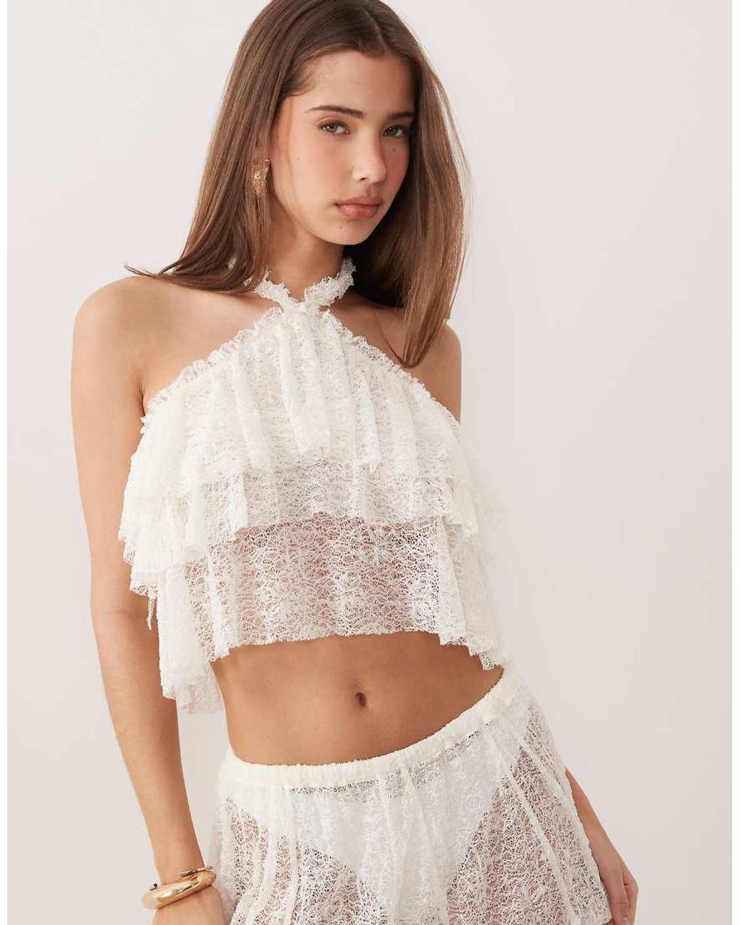 Noughts & Kisses Natural Lace Ruffle Halterneck Top Co-Ord