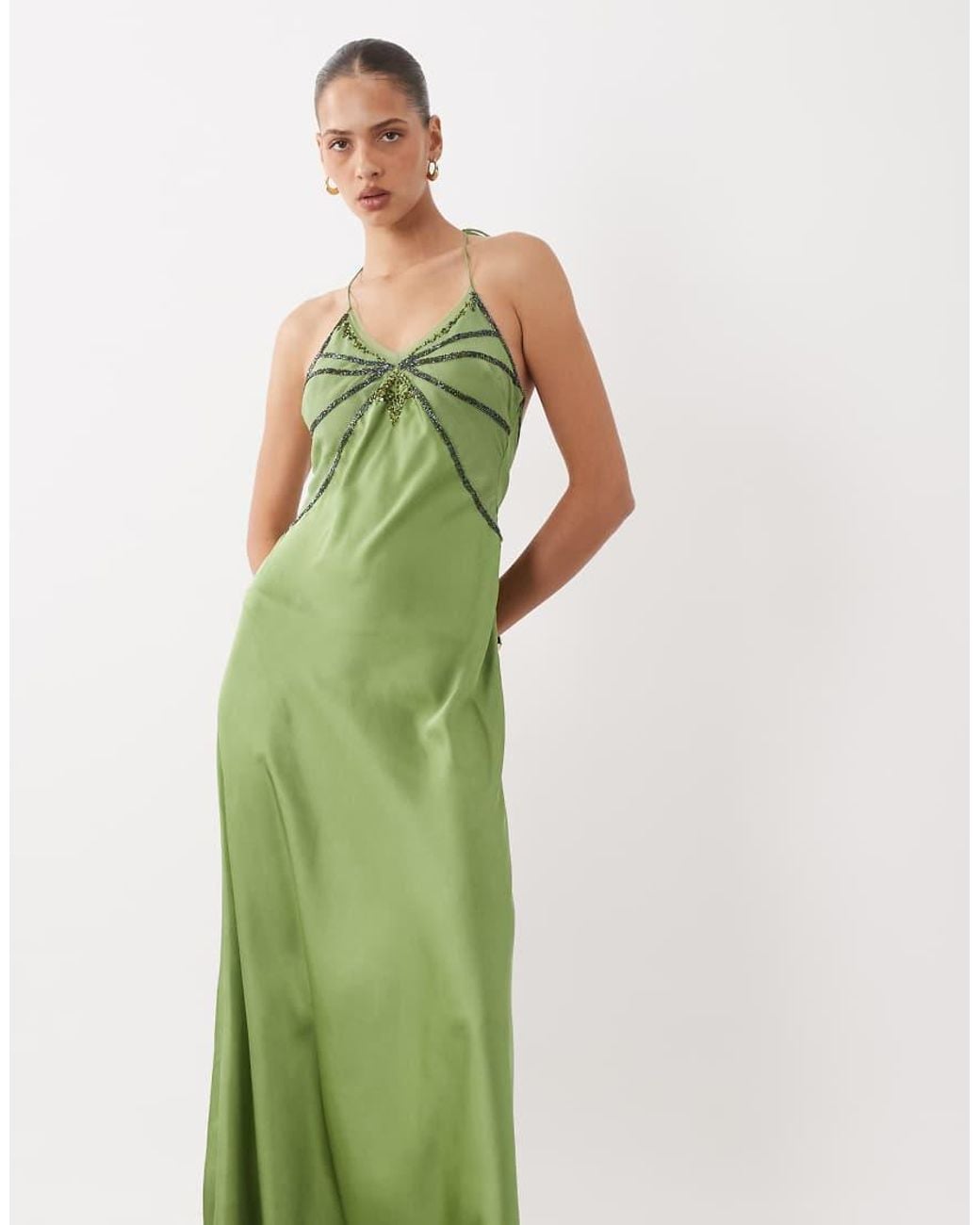 Miss Selfridge Green Embellished Satin Halter Midi Dress