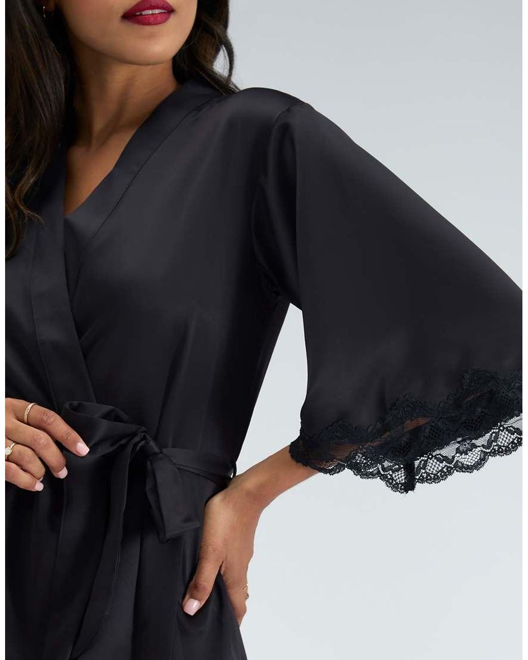 Boux Avenue Blue Amelia Matte Satin Short Robe Lace Trim Self Tie Nightwear