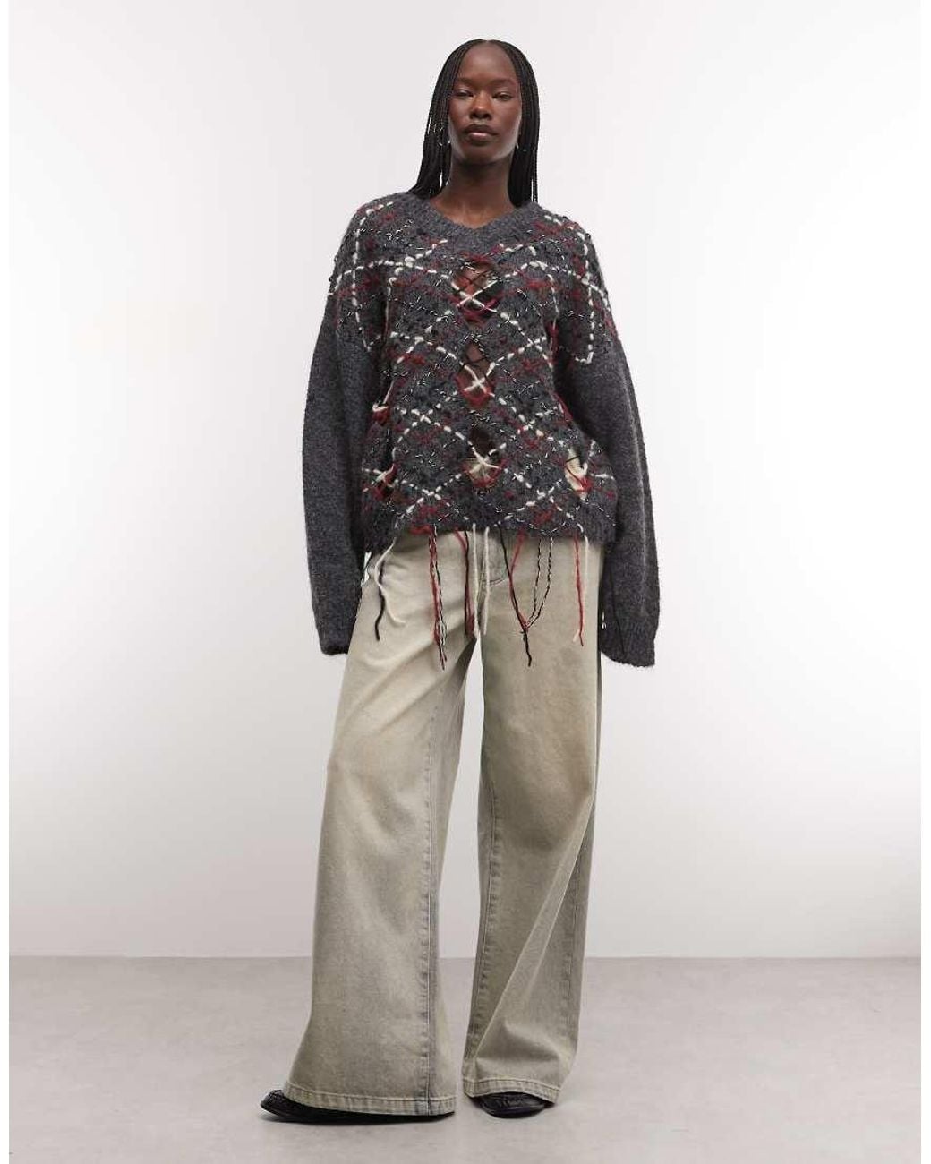 The Ragged Priest Gray V Neck Crop Argyle Knit