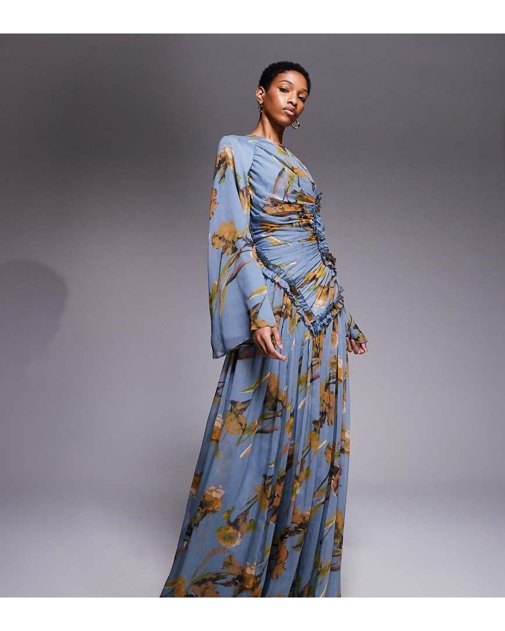 ASOS Blue Asos Design Tall Crinkle Chiffon Gathered Maxi Dress With Micro Ruffles