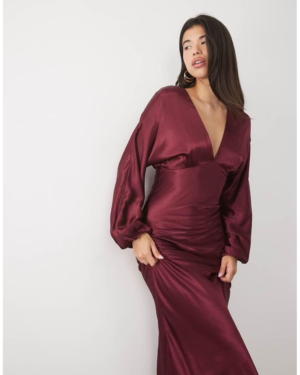 Nobody's Child Red Allura Satin Plunge Neck Blouson Sleeve Midi Dress