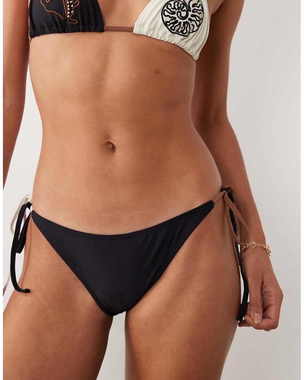 ASOS Brown Cornelia Rio Tie Side Bikini Bottom With Ruched Bum And Embroidery Detail