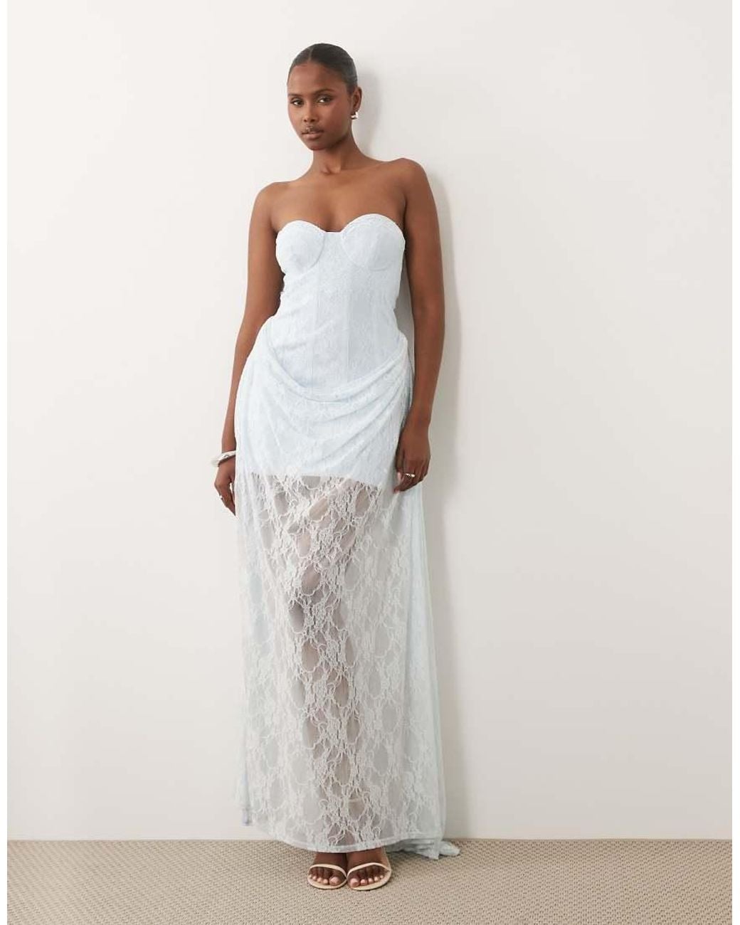 ASOS White Premium Corset Bandeau Lace Maxi Dress With Drape Skirt Overlay