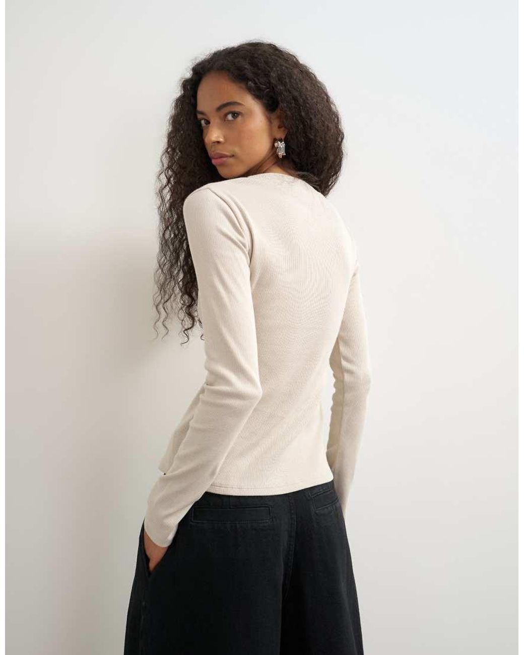 TOPSHOP Natural Button Through Long Sleeve Top