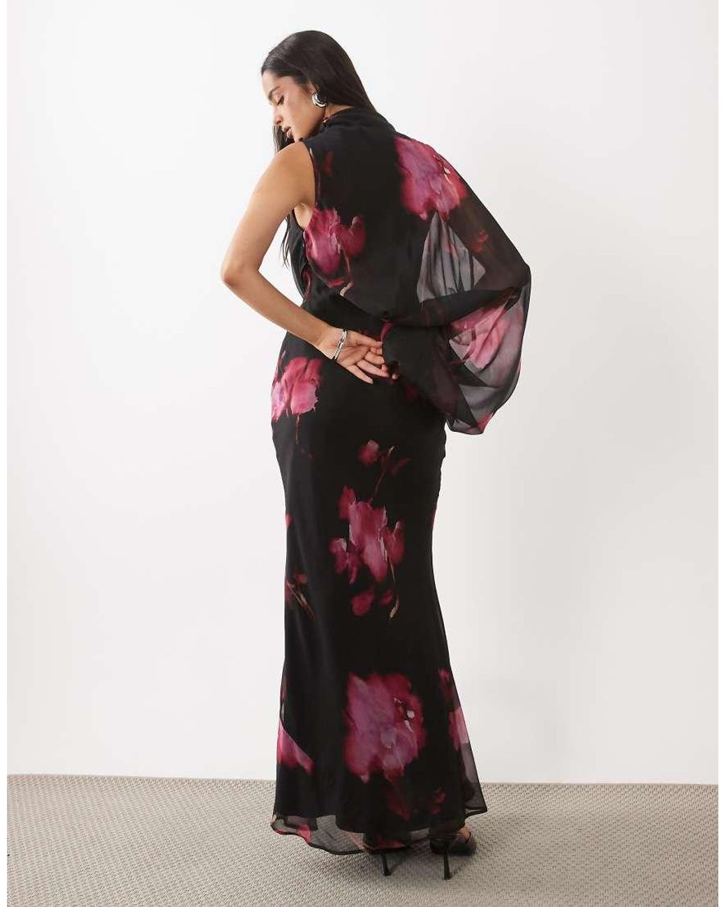 ASOS Multicolor One Sleeve Blouson Overlay Bias Cut Maxi Dress
