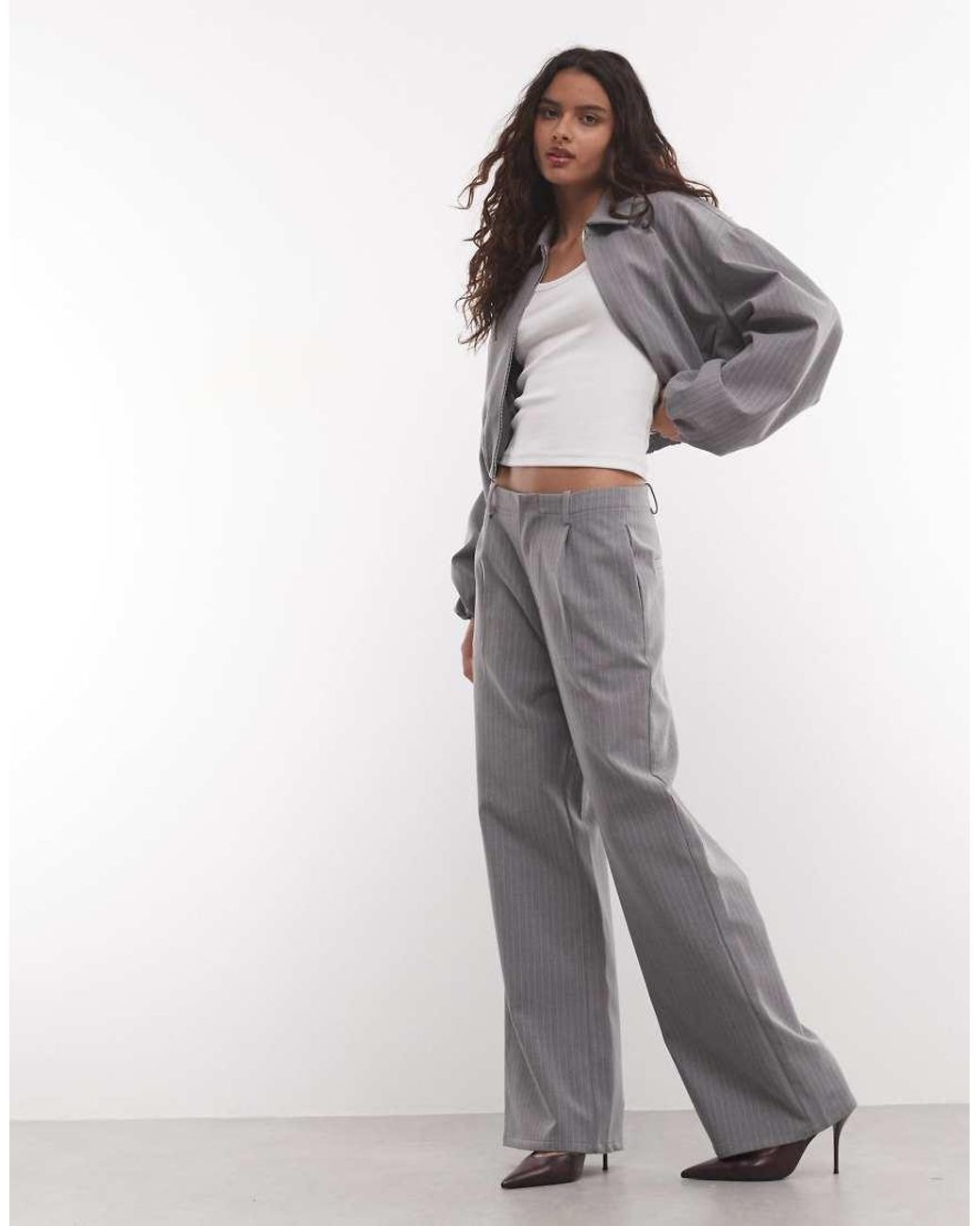 CERNUCCI Gray Pinstripe Collared Bomber Jacket Co-Ord
