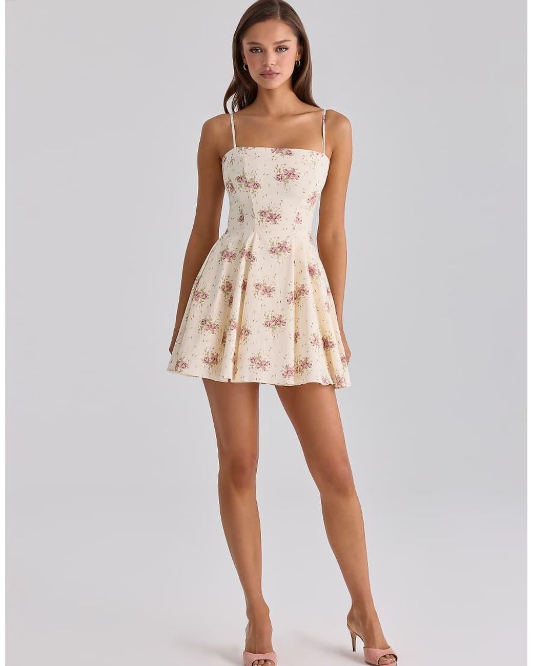 House Of Cb Natural Dolly Ivory Vintage Rose Print Cotton Flared Mini Sundress