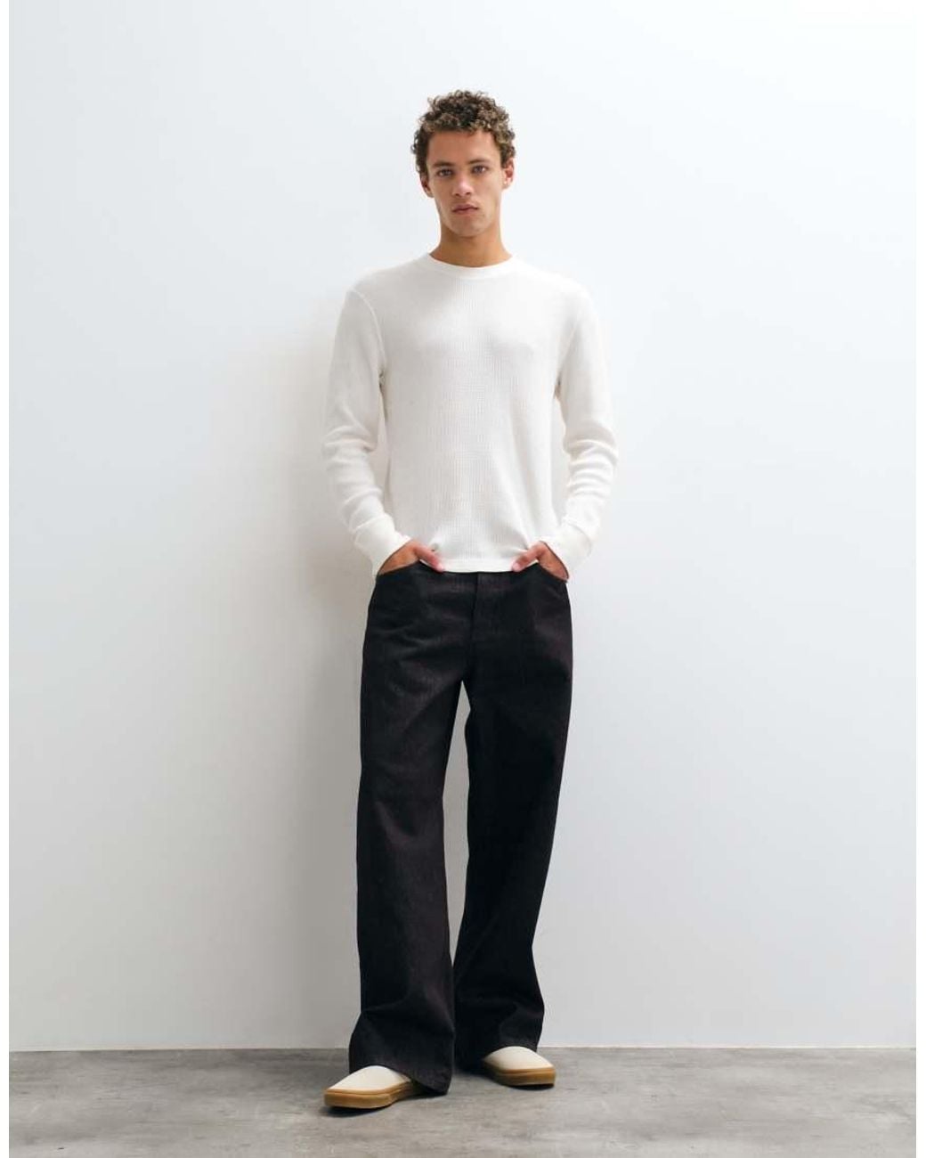 Hollister White Waffle Long Sleeve Crew Neck Top for men