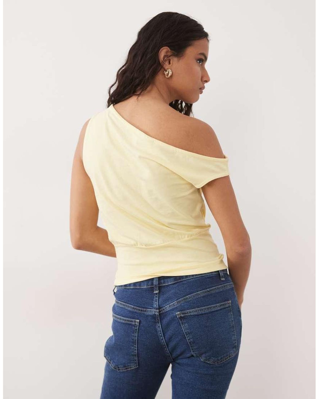 ASOS Blue Off Shoulder Cinched Waist Top With Lily Flower Graphic