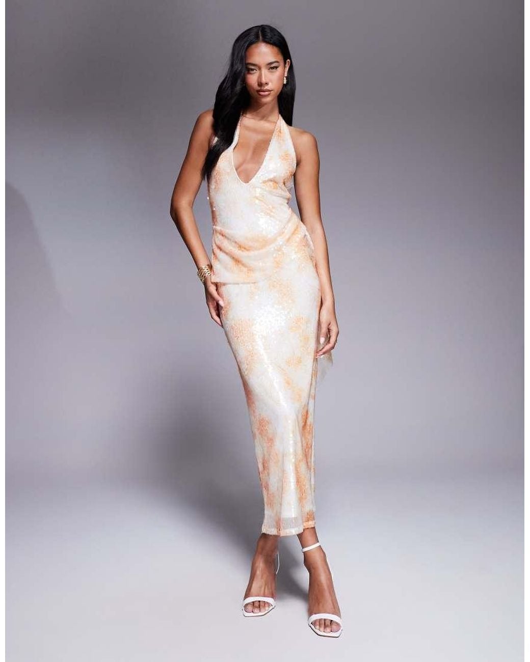ASOS Gray Printed Sequin Halter Maxi Dress