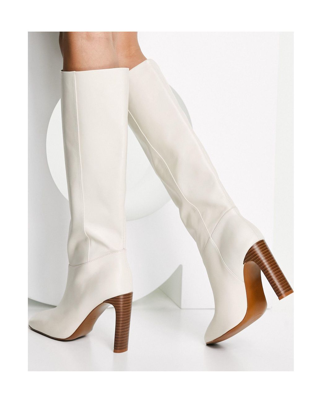 Mango Leather Knee High Heeled Boots in White | Lyst UK